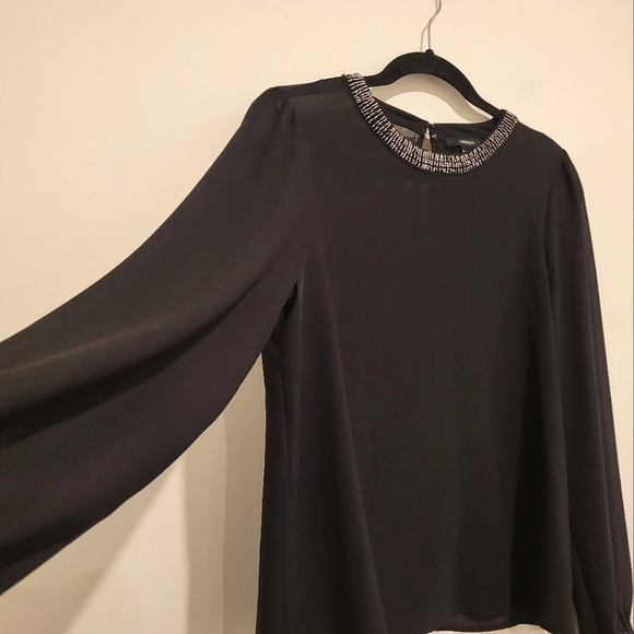 Forever 21 Embellished Rhinestone Neckline Black Sheer Long Sleeve Blouse Top - Picture 2 of 8